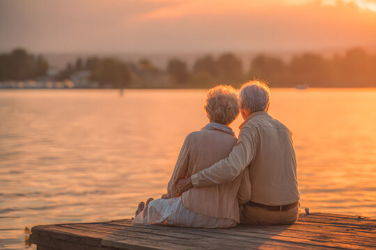 Elderly couple sits by the lake during sunset, enjoying their time together on a wooden dock surrounded by nature