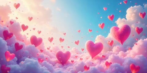 Obraz premium Pink Hearts Floating on Fluffy Clouds A Dreamy Romantic Scene of Love and Affection