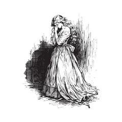 Crying Maiden in Victorian Gown Engraving with Crosshatch Shading © purify