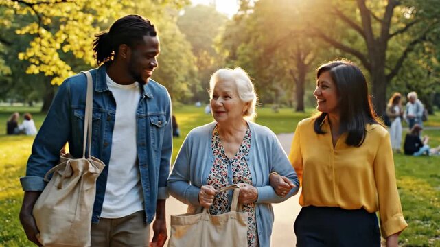 Diverse multigenerational family walking in sunny park, promoting community and well-being