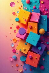 Vibrant abstract composition of colorful cubes and spheres, a playful arrangement of geometric shapes with textured surfaces and a dynamic interplay of hues.