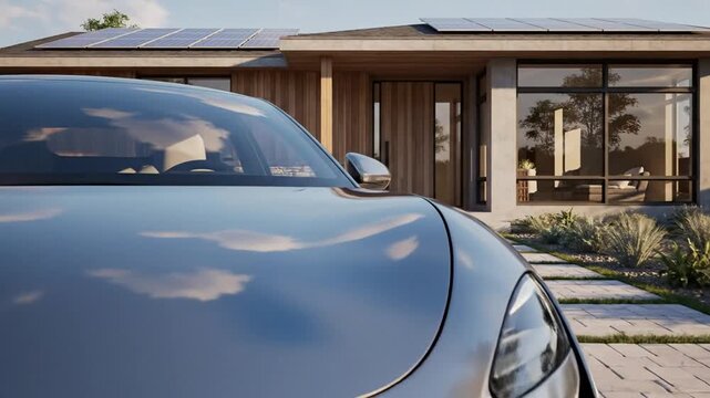 Modern electric car parked in front of a solar-powered house