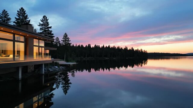 Modern lake house at sunset, panoramic windows reflecting the sky and water