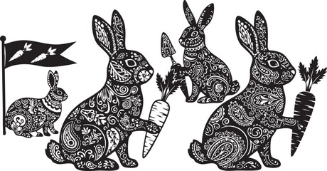 Intricate black and white rabbits with carrots and a flag in a decorative style patterns © MdAbu