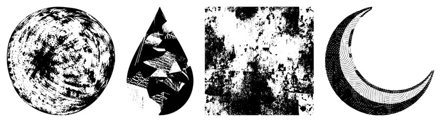 Fototapeta premium Four stylized shapes with textured sphere, droplet, square,. Vector illustrations with halftone and stippling effects, design, graphic art elements.