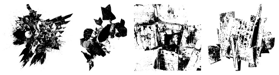 Fototapeta premium Black and white abstract composition of shattered shapes, halftone textures, fragmented forms, graphic design elements, vector art style.