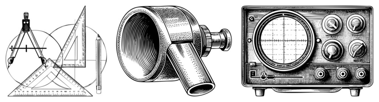 Drafting tools, vintage microscope, analog oscilloscope. Technical illustrations for education or design.