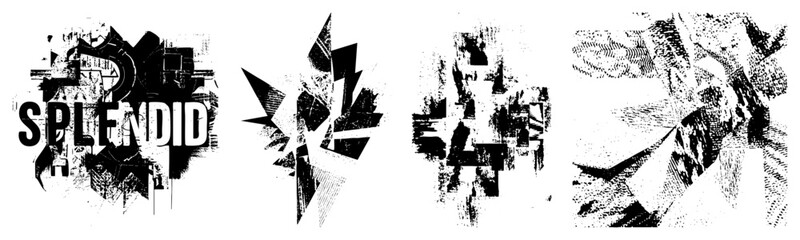 Obraz premium Graphic design featuring “SPLENDID” text with fragmented geometric shapes, halftone textures, and distressed visual effects, ideal for branding or poster art.
