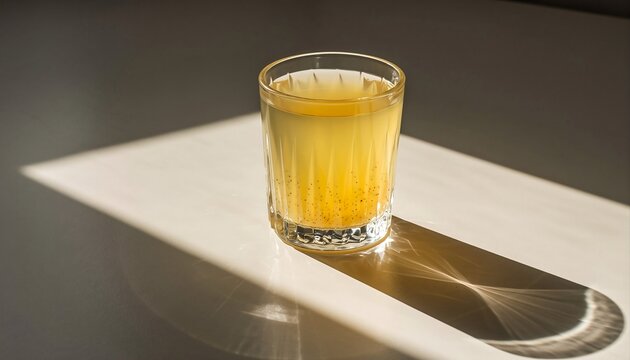 Clear glass filled with golden yellow beverage casting long intricate shadows on a neutral surface illuminated by warm directional sunlight creating a tranquil mood