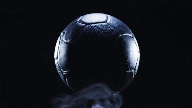 Cinematic slow motion capture of a professional black leather soccer ball spinning elegantly against a dark moody studio background with dramatic studio lighting and high resolution 4K detail