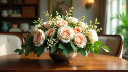 Obraz premium A delicate arrangement of blush and cream roses, nestled amongst lush greenery and tiny white blossoms, sits elegantly in a simple bowl on a polished wooden table, bathed in soft sunlight.