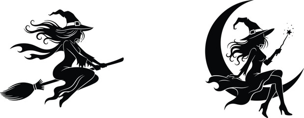 Witch silhouette set with flying broom and moon magic isolated on white vector illustration © Its me...