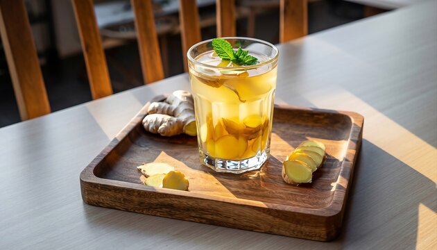 Refreshing Ginger Infused Drink with Sliced Ginger and Mint Garnish on a Wooden Tray bathed in Natural Sunlight creating a warm inviting atmosphere perfect for a healthy beverage advertisement