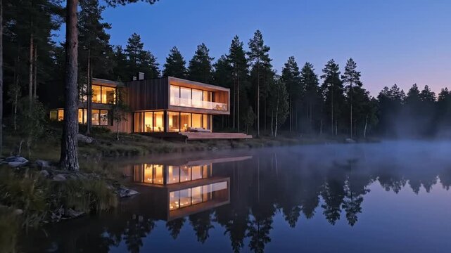 Modern wooden house with panoramic windows on a lake at dusk