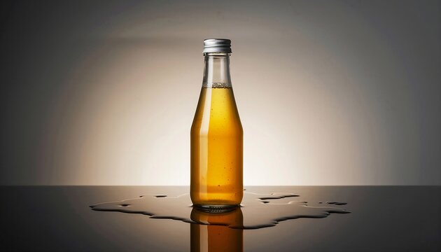 Clear Glass Bottle Filled with Amber Colored Liquid Sitting on a Wet Surface Under Dramatic Lighting