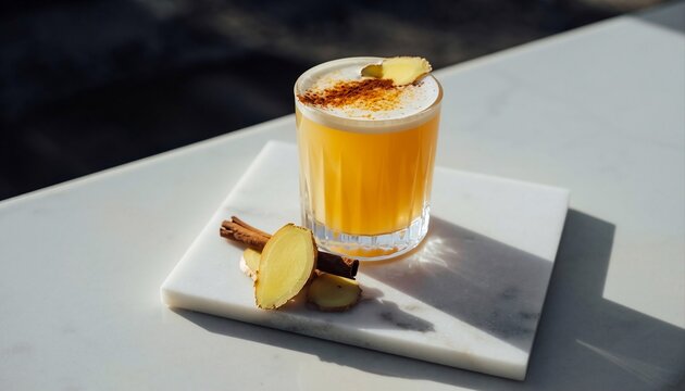 Golden colored refreshing cocktail in a fluted glass garnished with ginger slice and cinnamon stick on a white marble slab outdoors with bright sunlight casting soft shadows