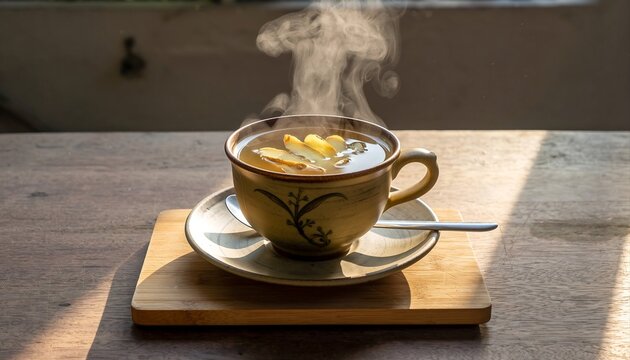 Steaming Hot Beverage in Decorative Ceramic Cup on Wooden Table with Sunlight Beams on Background