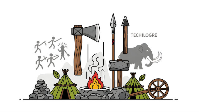 Prehistoric Stone Age Tools and Primitive Technology Illustration Set