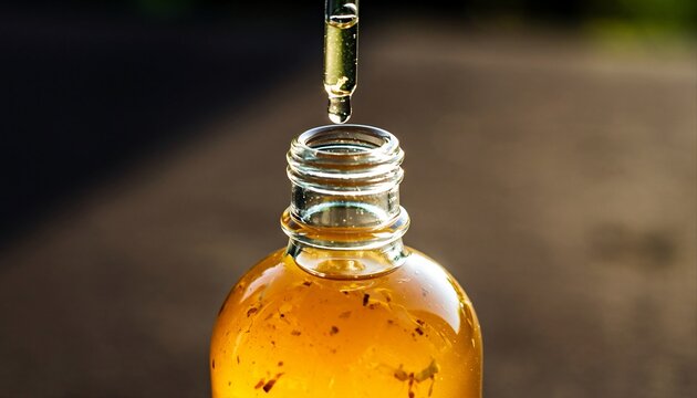 Golden Amber Liquid Dropping from Pipette into Clear Glass Bottle with Herbal Infusion Outdoors with Soft Natural Light and Blurred Earthy Background