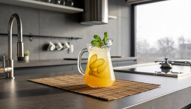 Refreshing Homemade Ginger Lemonade in a Glass Pitcher Garnished with Mint Leaves Sitting on a Kitchen Countertop with a Large Window View