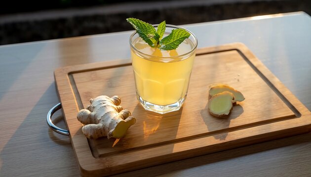 Refreshing yellow ginger ale cocktail with ice and mint garnish presented on a wooden cutting board with fresh ginger root slices and whole root bathed in warm golden hour sunlight outdoors