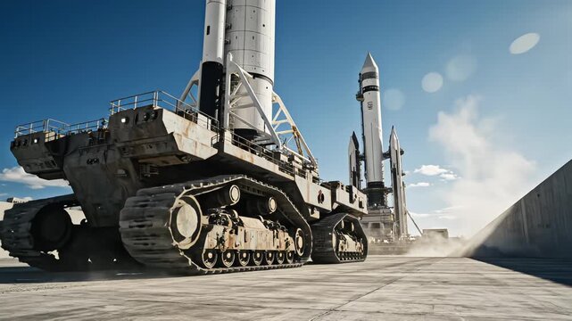 Massive crawler transporter vehicle moving rocket booster towards launch pad at spaceport during day