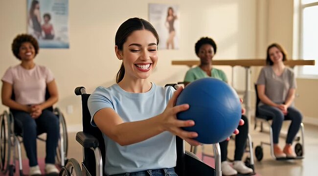 Woman in wheelchair exercising with ball surrounded by friends in gym