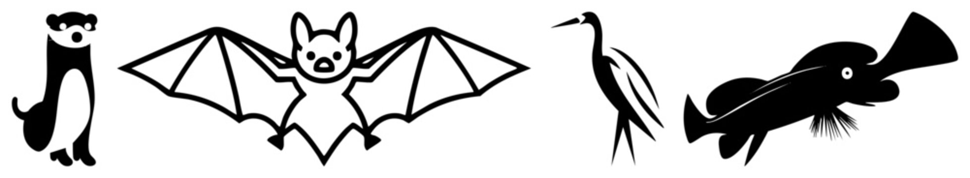 Cartoon bat, weasel, heron, and fish in clean style, isolated vector, flat design, animal cutouts, wildlife glyphs.