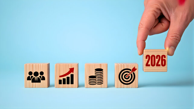 Hand placing wooden block with 2026 on a row of blocks with icons representing business growth and target, 5.jpg
