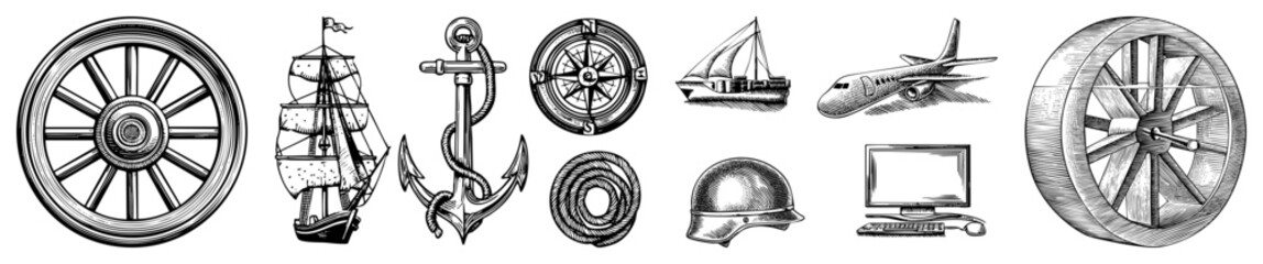 Fototapeta premium Maritime symbols including ship, anchor, and compass, paired with airplane and retro computer, engraved art, vintage travel and tech motifs.