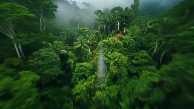 jungle background from aerial view in fog, dramatic green forest trees