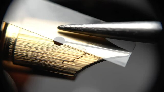 Macro Close-Up of Gold Fountain Pen Nib Maintenance with Plastic Shim for Tine Cleaning