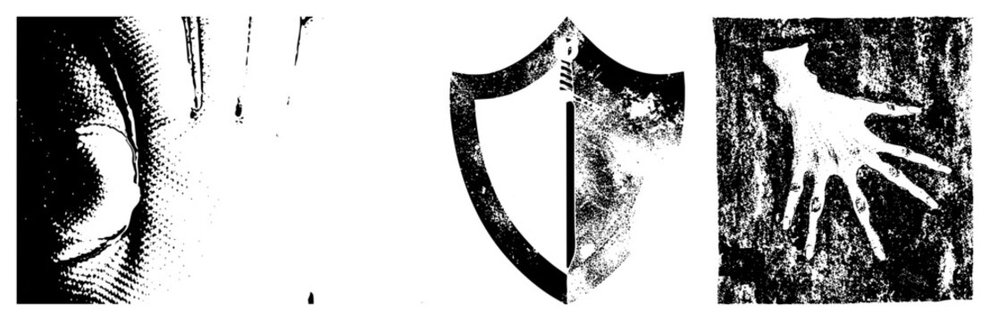 Vintage halftone prints of eye, shield, and hand,, gritty texture, graphic design elements, retro aesthetic, symbolic.