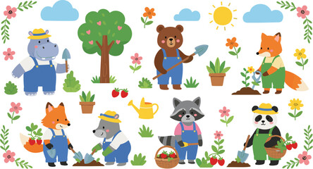 Cute animal gardening illustration with bear fox panda raccoon hippo planting flowers fruits spring farm flat vector set © Its me...