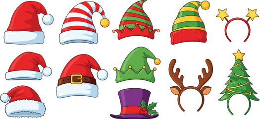 Christmas hats illustration set, santa elf reindeer headwear, festive holiday accessories collection, cartoon winter costume design elements © Its me...