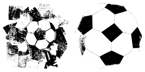 Fototapeta premium Football rendered in bold black and white, featuring pentagonal and hexagonal panels, distressed texture, clean dashed, sports, isolated vector graphic.