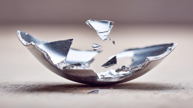 Broken Tin Plate with Scattered Pieces on Wooden Surface