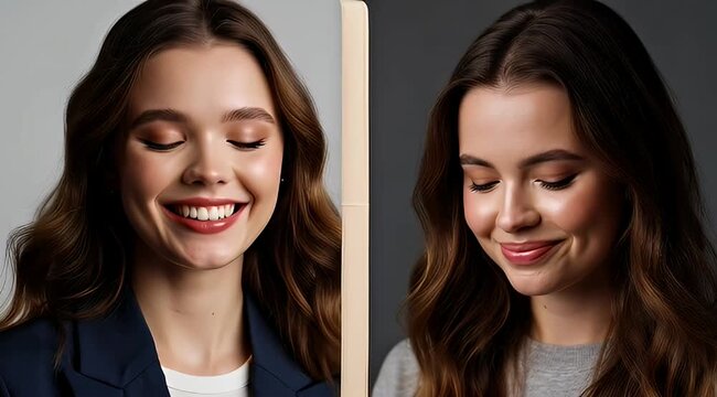 A young woman smiling and laughing in two different expressions on a split screen.