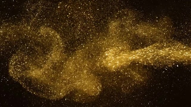 Golden, amorphous abstract of sparkling particles on a dark background. Glowing and flowing