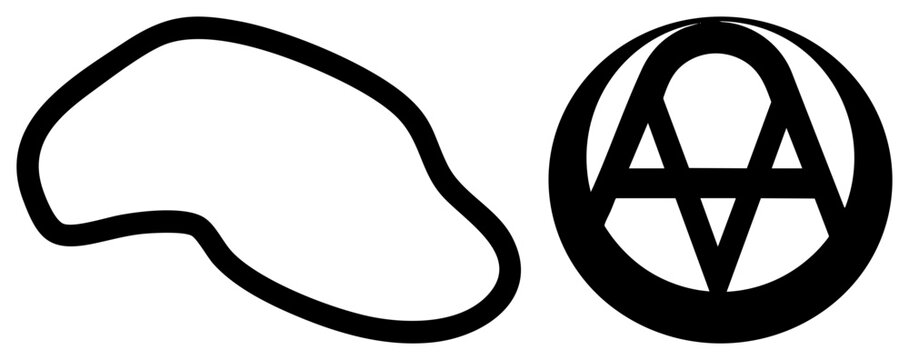 Two minimalist vector blob & circular glyph with triangles bold black. Abstract, clean, modern. Ideal for design/branding.