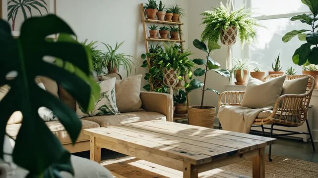 Sunny & Serene Bohemian Living Room with Abundant Houseplants and Rustic Wooden Furniture, Creating a Nature-Inspired Interior Oasis