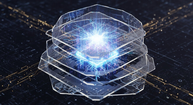 Futuristic hexagonal core glowing with intense digital energy, symbolizing innovative breakthroughs, complex architecture, and the essence of advanced computing and AI