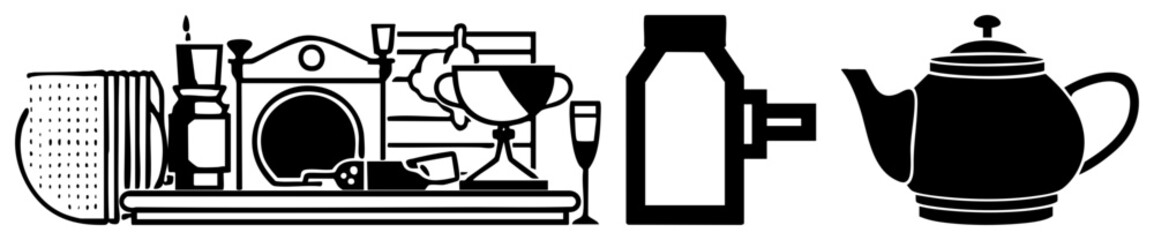 Obraz premium Coffee preparation tools including espresso machine, French press, teapot, and beverage bottles, rendered in minimalist black and white vector style for design use.