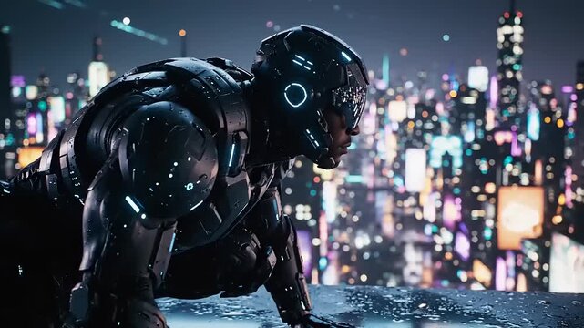 Futuristic Superhero Standing on City Rooftop at Night.