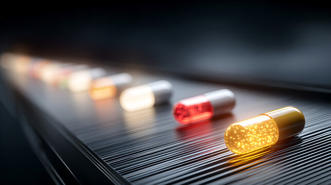 Glowing Digital Medicine Capsules Moving Along Futuristic Industrial Assembly Line
