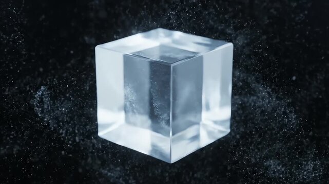 A clear, translucent cube suspended against a dark background with white specks, simulating ice or crystal shards in motion
