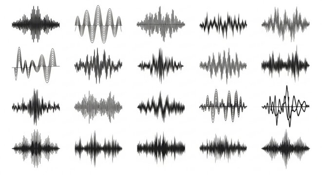 Collection of diverse sound wave patterns and audio waveforms