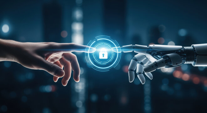 Human and Robot Hands Connecting with Digital Lock Symbol.