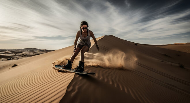 Young woman snowboarding on sand dunes in desert landscape  