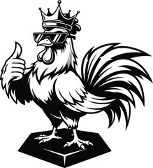 Black and white rooster wearing sunglasses and crown giving thumbs up 1 © saju